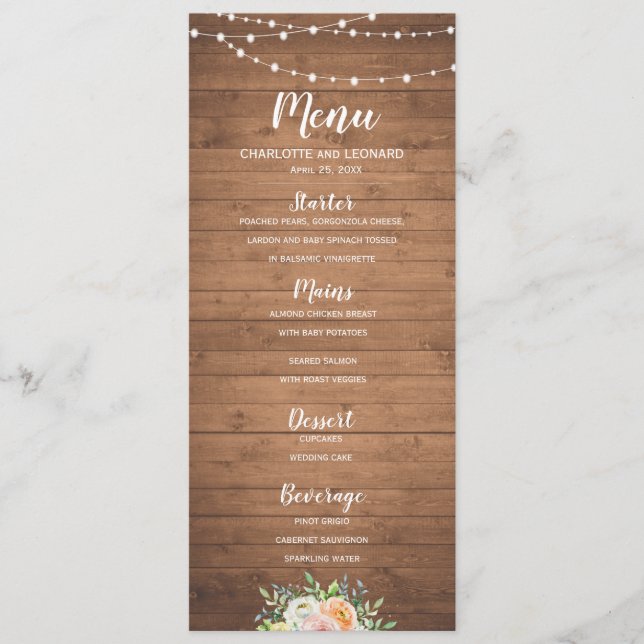 Rustic menu card with wood string lights flowers (Front)