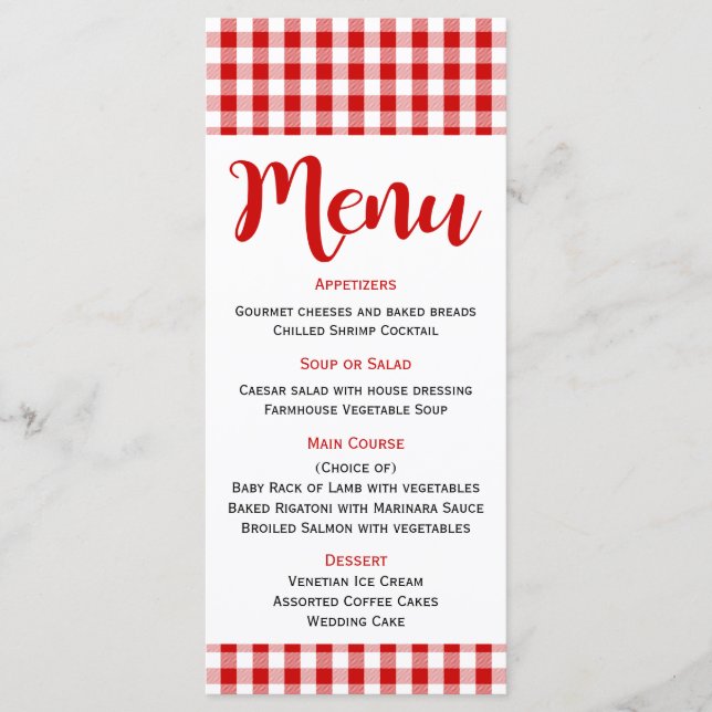 Rustic Menu Red White Gingham Check Wedding, Party (Front)