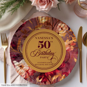 Rustic Merlot Blush Gold Flowers 50th Birthday  Paper Plate