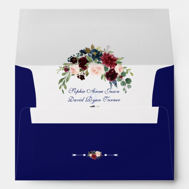 Rustic Merlot Navy Blue Blush Floral Wedding Envelope (Back (Bottom))