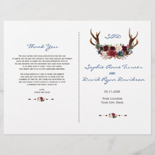 Rustic Merlot Navy Floral Antlers Wedding Program