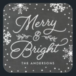 Rustic Merry and Bright | Holiday Square Sticker<br><div class="desc">Beautiful, rustic Merry and Bright holiday stickers are sure to put you in the Christmas spirit! The stylish stickers feature a chalkboard background, snow and snowflake border, the words "Merry and Bright" in a trendy script font, and a placeholder for your custom text. The custom Christmas stickers are perfect to...</div>