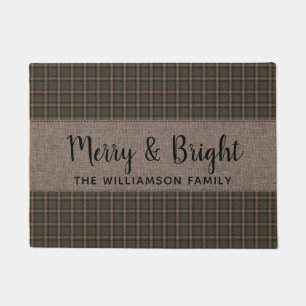 Rustic Merry and Bright Homespun Family Name Doormat