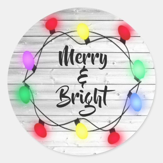 Rustic "Merry & Bright" Holiday Christmas Stickers (Front)