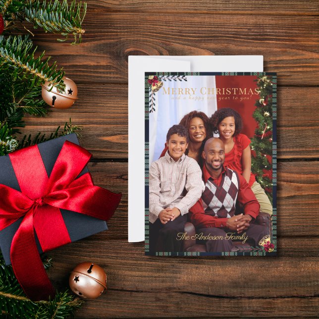 Rustic Merry Christmas 1 Photo Tartan Blue Plaid Card (Creator Uploaded)