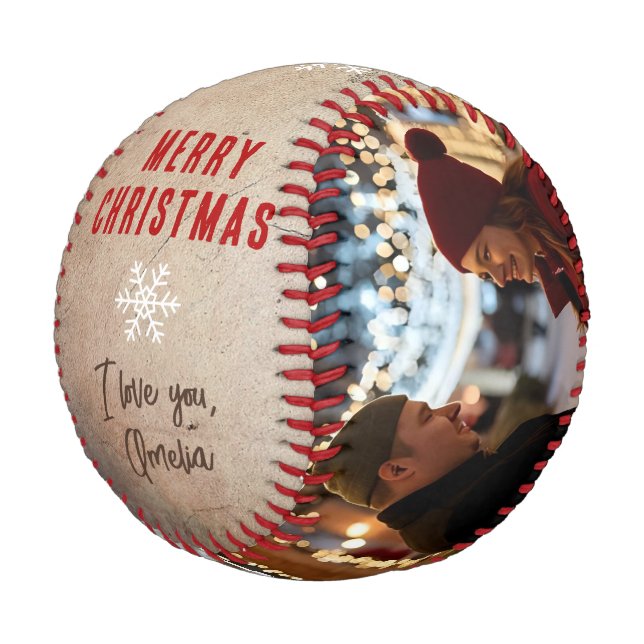 Rustic Merry Christmas 2 Photo Collage Keepsake Baseball (Angled)