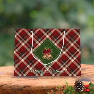 Rustic Merry Christmas Bell Red Green Gingham Large Gift Bag