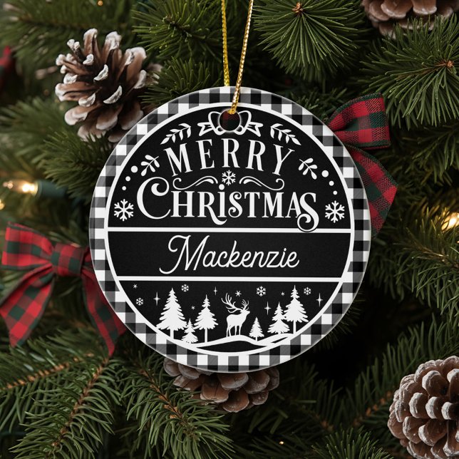 Rustic Merry Christmas Black & White Plaid Custom Ceramic Tree Decoration (Creator Uploaded)