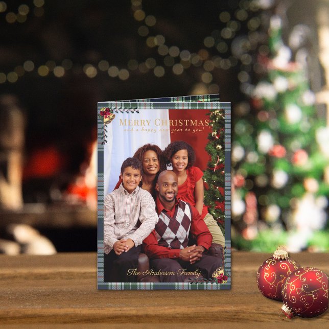 Rustic Merry Christmas Blue Red Plaid 1 Photo  Card (Creator Uploaded)