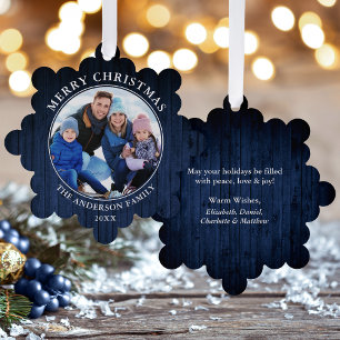 Rustic Merry Christmas Blue Wood Print Tree Decoration Card