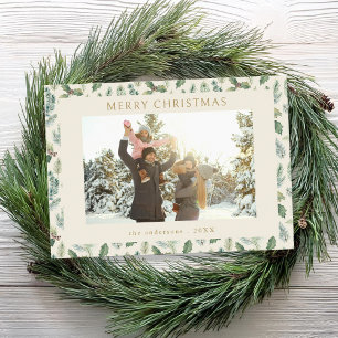 Rustic Merry Christmas Botanical Photo Holiday Card