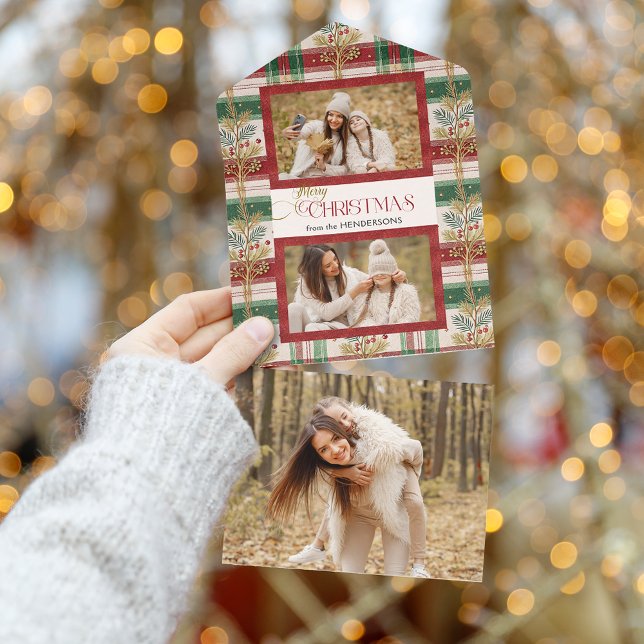 Rustic Merry Christmas Botanical Plaid 2 Photo All In One Invitation (Creator Uploaded)