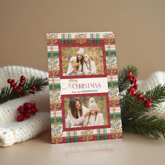 Rustic Merry Christmas Botanical Plaid 2 Photo Holiday Card (Creator Uploaded)