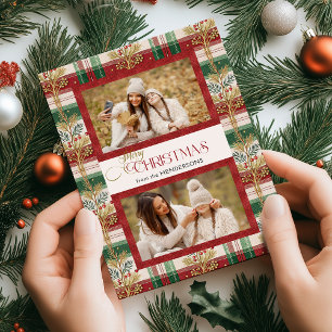 Rustic Merry Christmas Botanical Plaid 2 Photo Holiday Card
