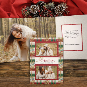 Rustic Merry Christmas Botanical Plaid 2 Photo Tri-Fold Card