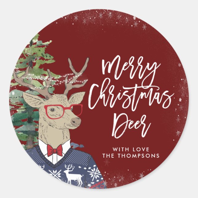 rustic merry christmas deer classic round sticker (Front)