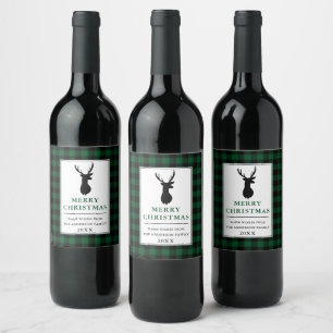 Rustic Merry Christmas Deer Green Plaid Wine Label