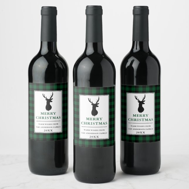 Rustic Merry Christmas Deer Green Plaid Wine Label (Bottles)