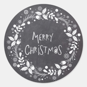 Rustic Merry Christmas Floral Wreath Chalkboard Classic Round Sticker