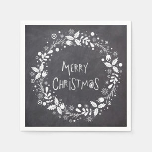 Rustic Merry Christmas Floral Wreath Chalkboard Napkin