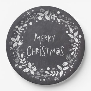 Rustic Merry Christmas Floral Wreath Chalkboard Paper Plate