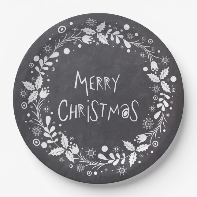 Rustic Merry Christmas Floral Wreath Chalkboard Paper Plate (Front)