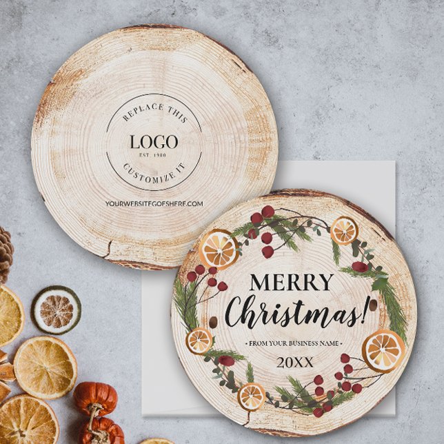 Rustic Merry Christmas foliage Business logo Invitation (Unique round corporate rustic holiday card with logo, business name and year.)