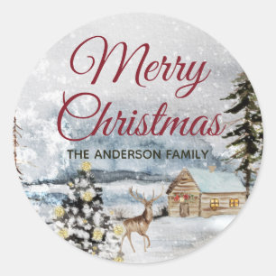 Rustic Merry Christmas Forest Deer Classic Round Sticker