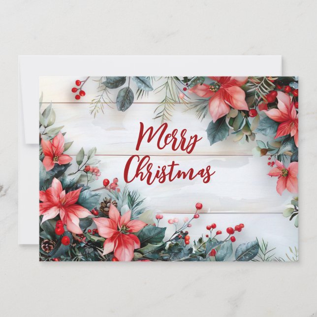 Rustic Merry Christmas Greeting Card with Flowers (Front)