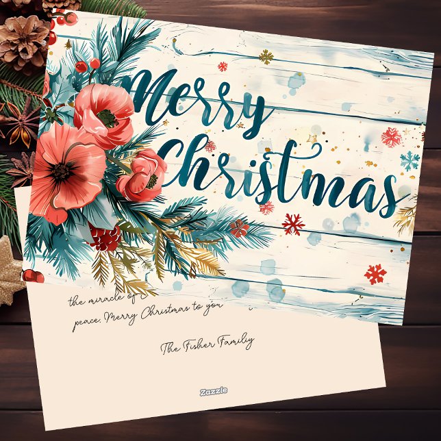 Rustic Merry Christmas Greeting Card with Flowers (Creator Uploaded)