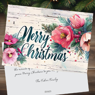 Rustic Merry Christmas Greeting Card with Flowers