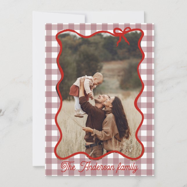 Rustic Merry Christmas Hand Drawn Red Bow Holiday Card (Front)