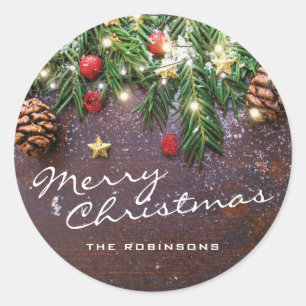 Rustic Merry Christmas   Happy Holidays Classic Round Sticker