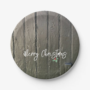 Rustic Merry Christmas Holly Black Barn Door Paper Plate