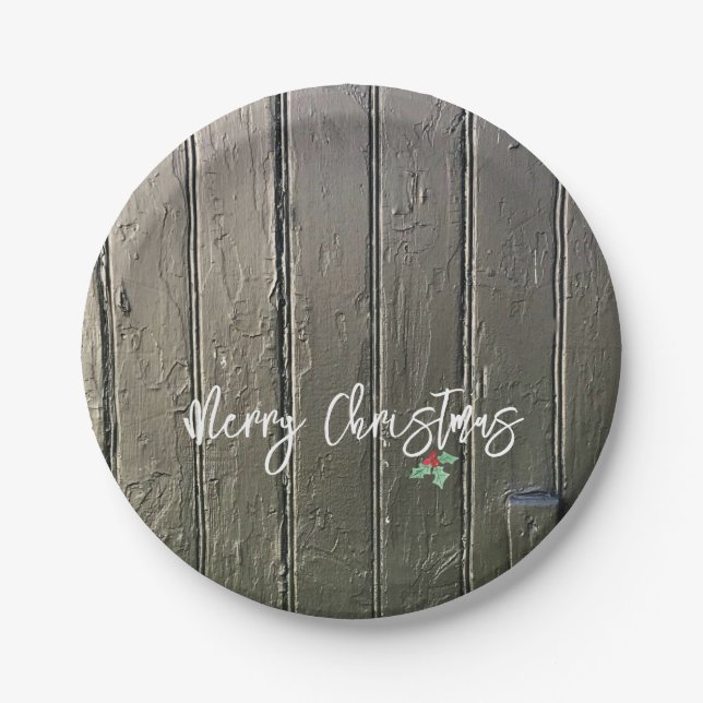 Rustic Merry Christmas Holly Black Barn Door  Paper Plate (Front)