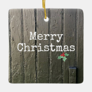 Rustic Merry Christmas Holly Photo Horse Barn Farm Ceramic Ornament