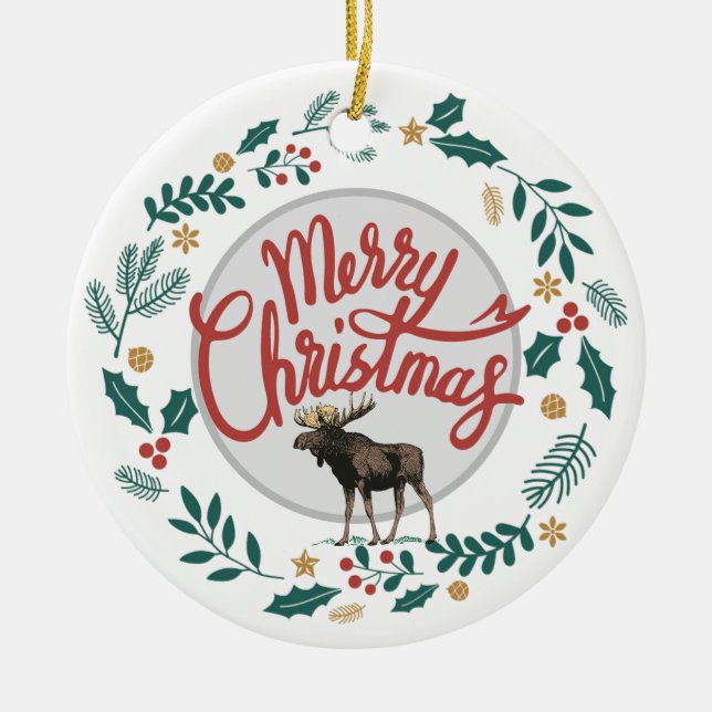 Rustic Merry Christmas Moose With Holly & Pine Ceramic Tree Decoration (Front)