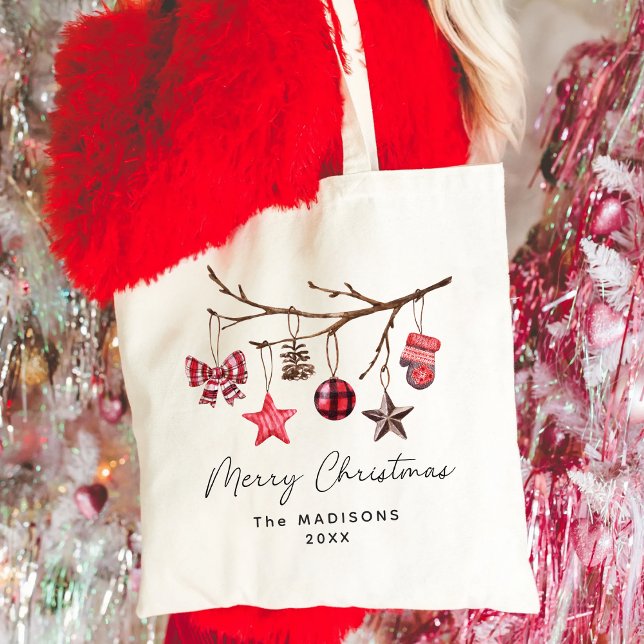 Rustic Merry Christmas Ornaments branch Tote Bag (Creator Uploaded)