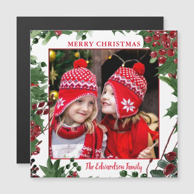 Rustic Merry Christmas photo magnetic card (Front/Back)
