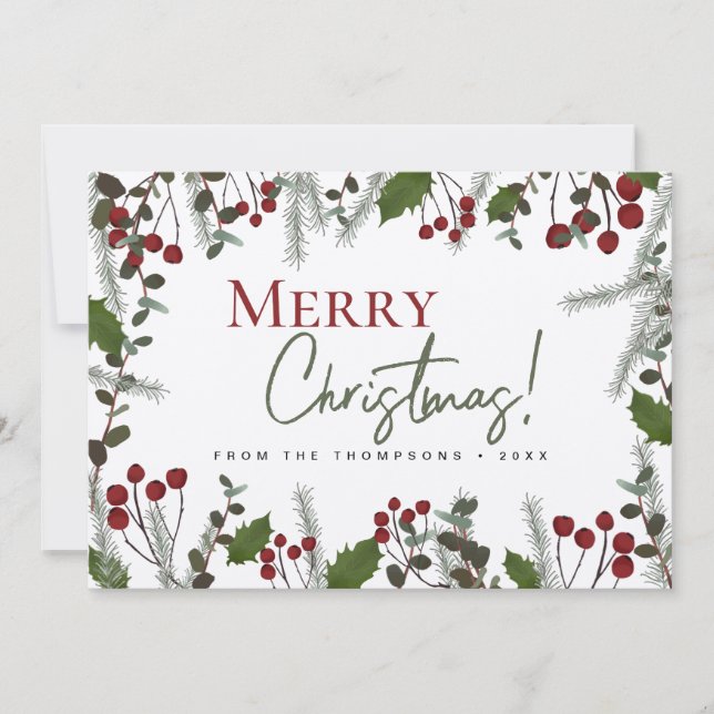 Rustic Merry Christmas pine holly foliage Family  Holiday Card (Front)