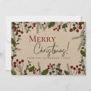 Rustic Merry Christmas pine holly foliage Family  Holiday Card