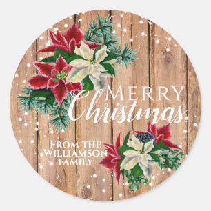 Rustic Merry Christmas Poinsettia Floral Classic Round Sticker