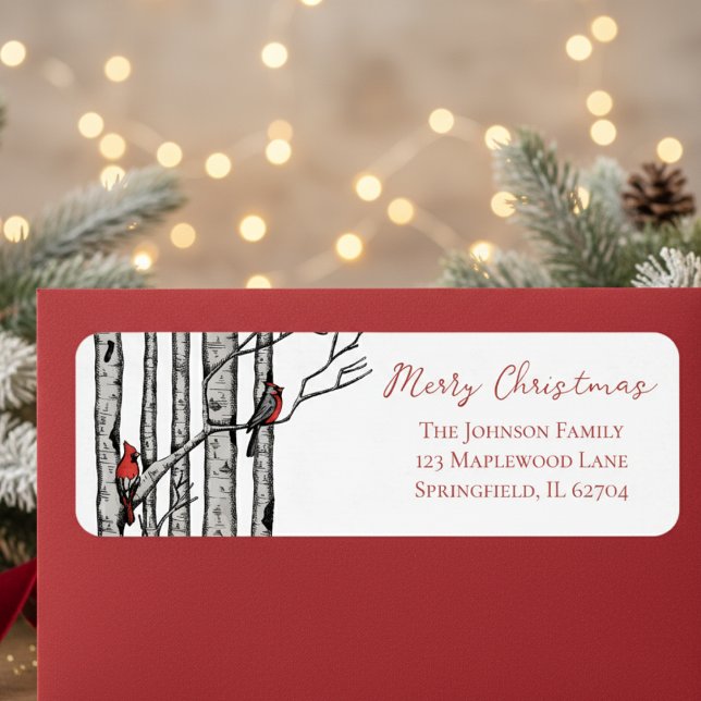 Rustic Merry Christmas Red Cardinal Return Address (Modern Holiday Festive Christmas Return Address Labels. Red Cardinal Birch Seasonal Mailing Stickers)