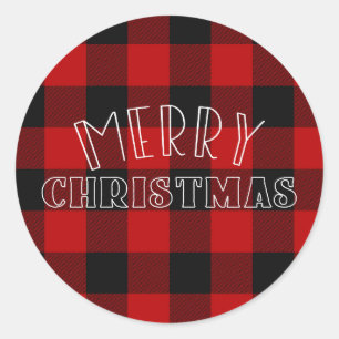 Rustic Merry Christmas Red Plaid Holiday Type Classic Round Sticker