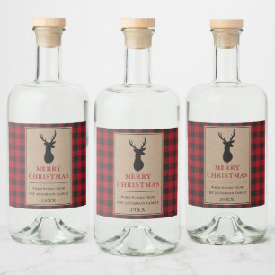 Rustic Merry Christmas Red Plaid Kraft Liquor Bottle Label