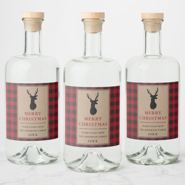 Rustic Merry Christmas Red Plaid Kraft Liquor Bottle Label (Bottles)