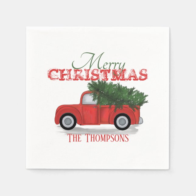 Rustic Merry Christmas Red Truck Vintage Farmhouse Napkin (Front)