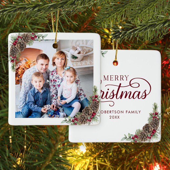 Rustic Merry Christmas Script Family Photo Ceramic Ornament (Creator Uploaded)