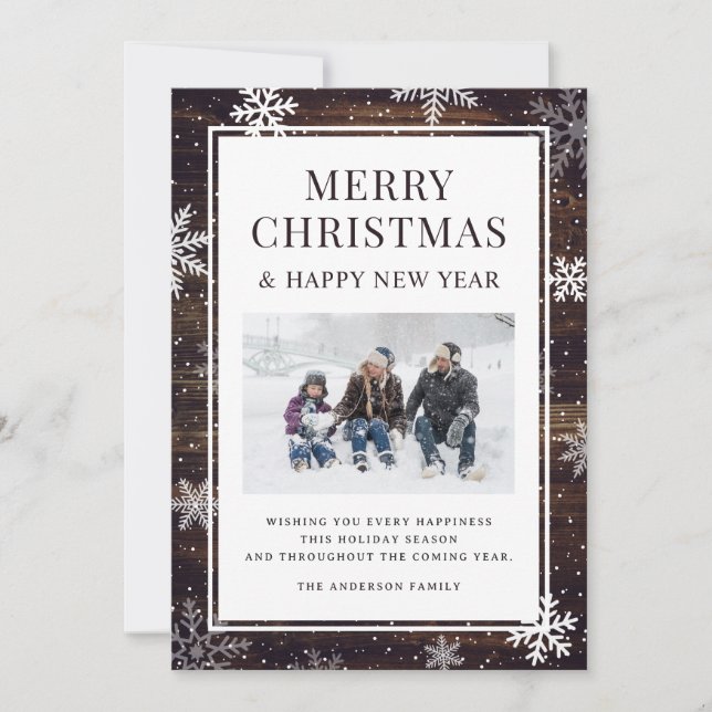 Rustic Merry Christmas Snowflake Photo Holiday Card (Front)