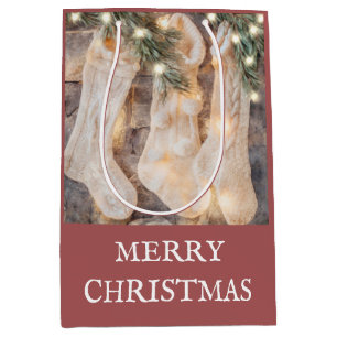 Rustic Merry Christmas Stockings Pine Boughs Medium Gift Bag